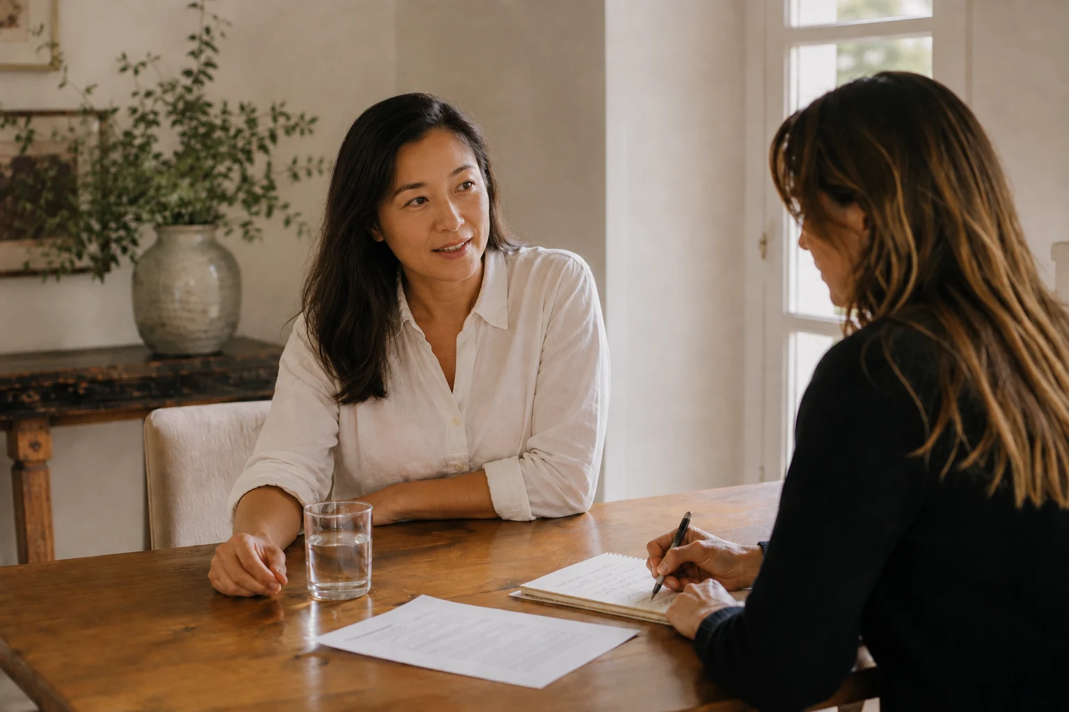 Two people in a quiet seated conversation during an initial household staffing consultation.