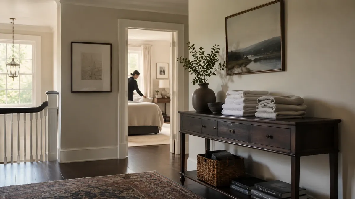 Private residence hallway with staff accommodation beyond.